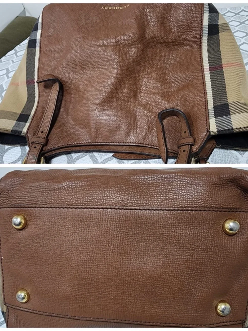 Authentic BURBERRY Leather And House Check Canvas Small Canterbury Tote Bag Brow